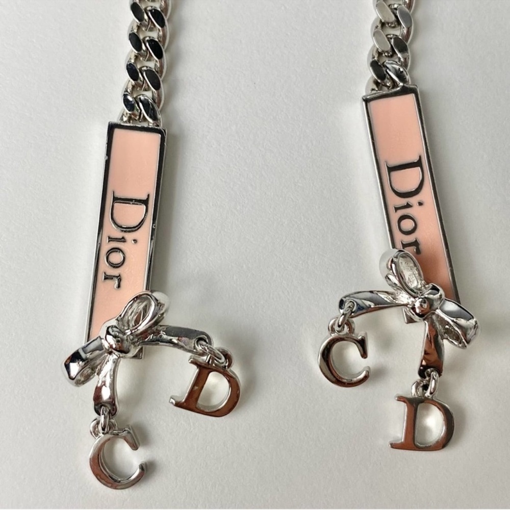 AUTH VTG Christian Dior Silver Long Chain Pink Enamel Nameplate Logo Earrings - Picture 4 of 12